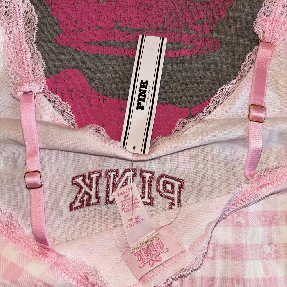 PINK x LoveShackFancy Cotton Cami Tank Top Icon Gingham Pink & White Plaid XL - Picture 7 of 12